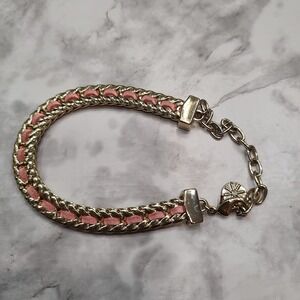 RJ Graziano Gold‎ Tone Chain Link Bracelet Pink Woven Leather Accent Designer